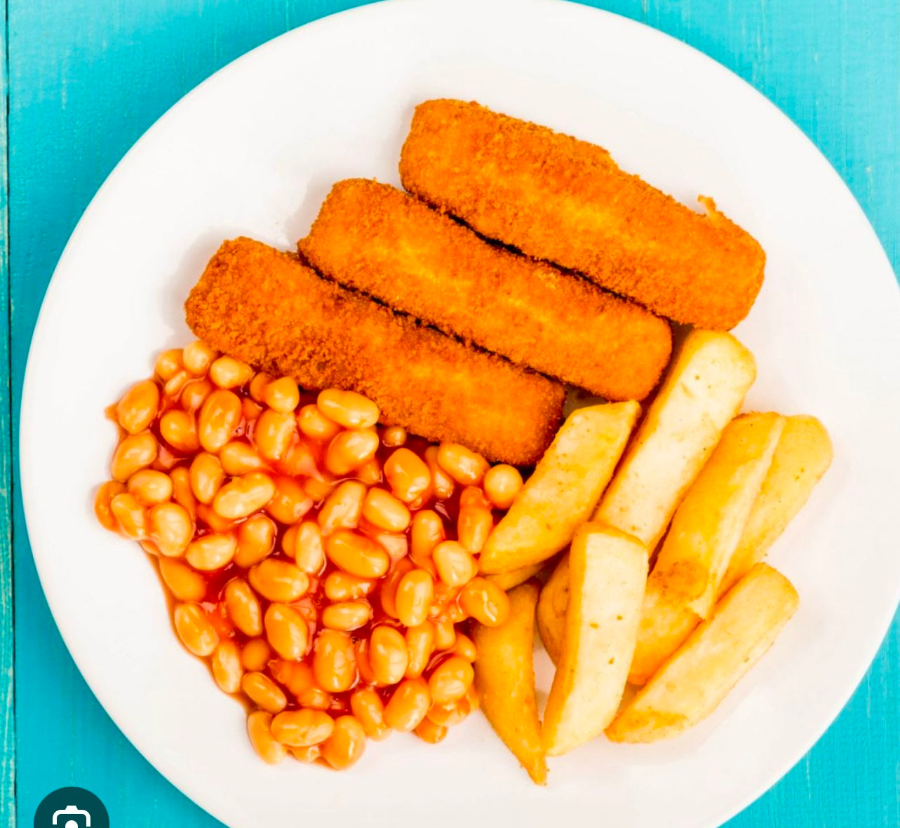 Kids Vegan fish fingers chips and beans